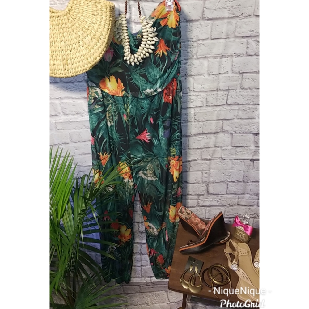 Fashionova tropical mesh halter jumpsuit lined